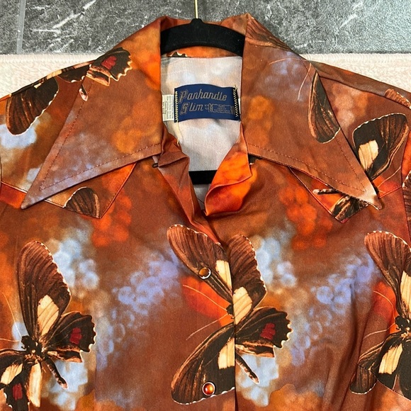 VNTG 70's Panhandle Slim Orange Blue Brown Butterfly Snap Front Shirt Size 14/36 - Picture 6 of 16